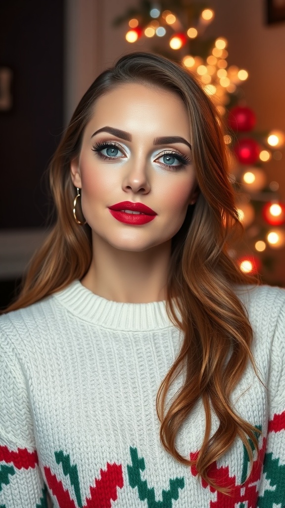 Festive Christmas Glam Makeup Tutorial A glamorous Christmas makeup look with glittery eyes, red lips, and radiant skin against a backdrop of holiday lights.